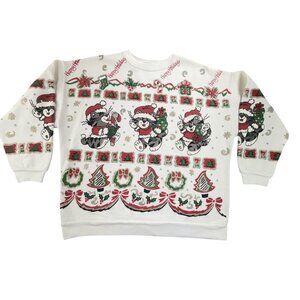 Vintage Bijo Sweater Womens Large White Christmas Cats Glitter Fleece Ugly 90s